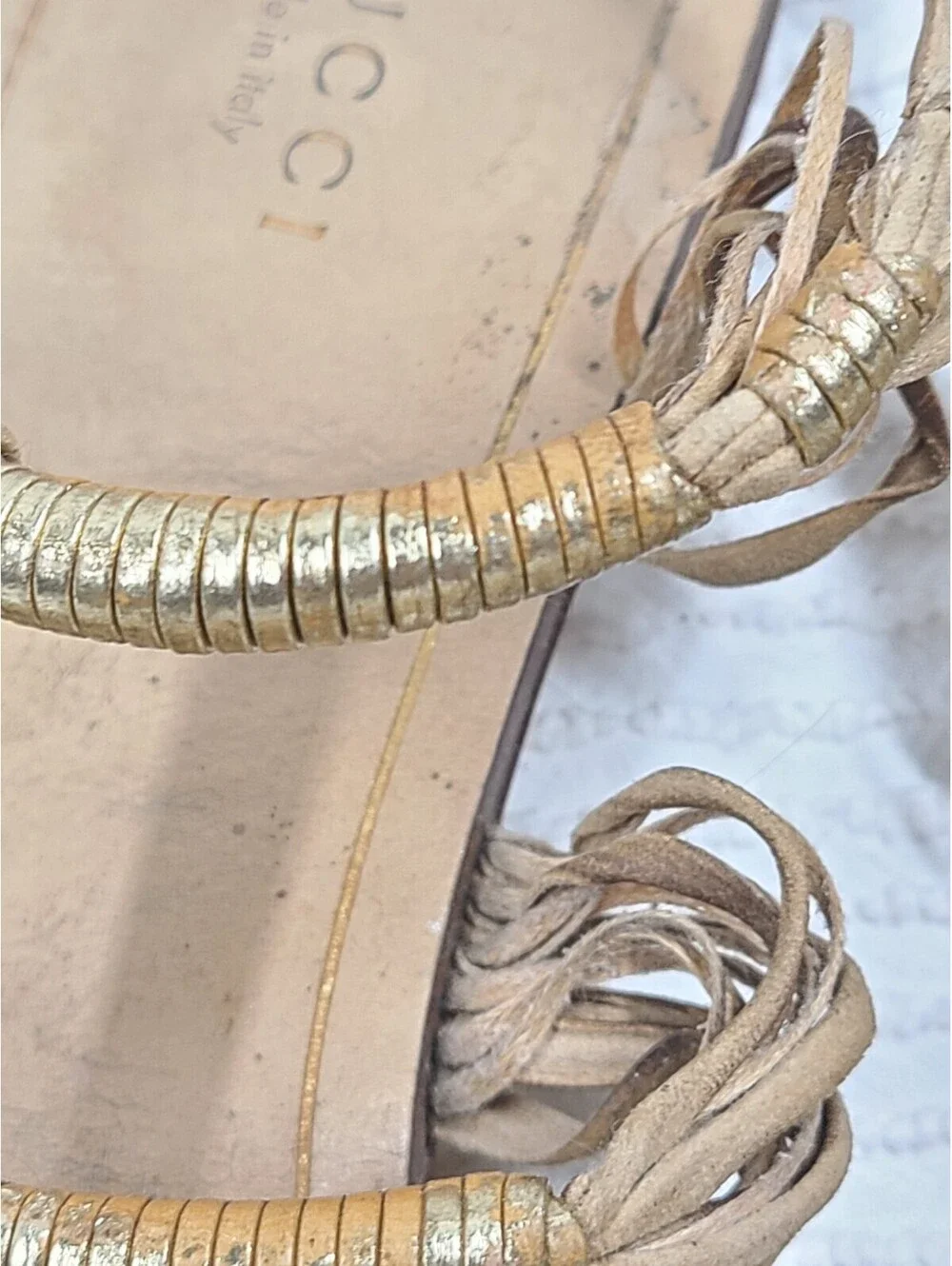 Gucci Suede Rattan Sandals Wrapped Gold Ankle Buckle 39.5 9.5 AsIs Worn